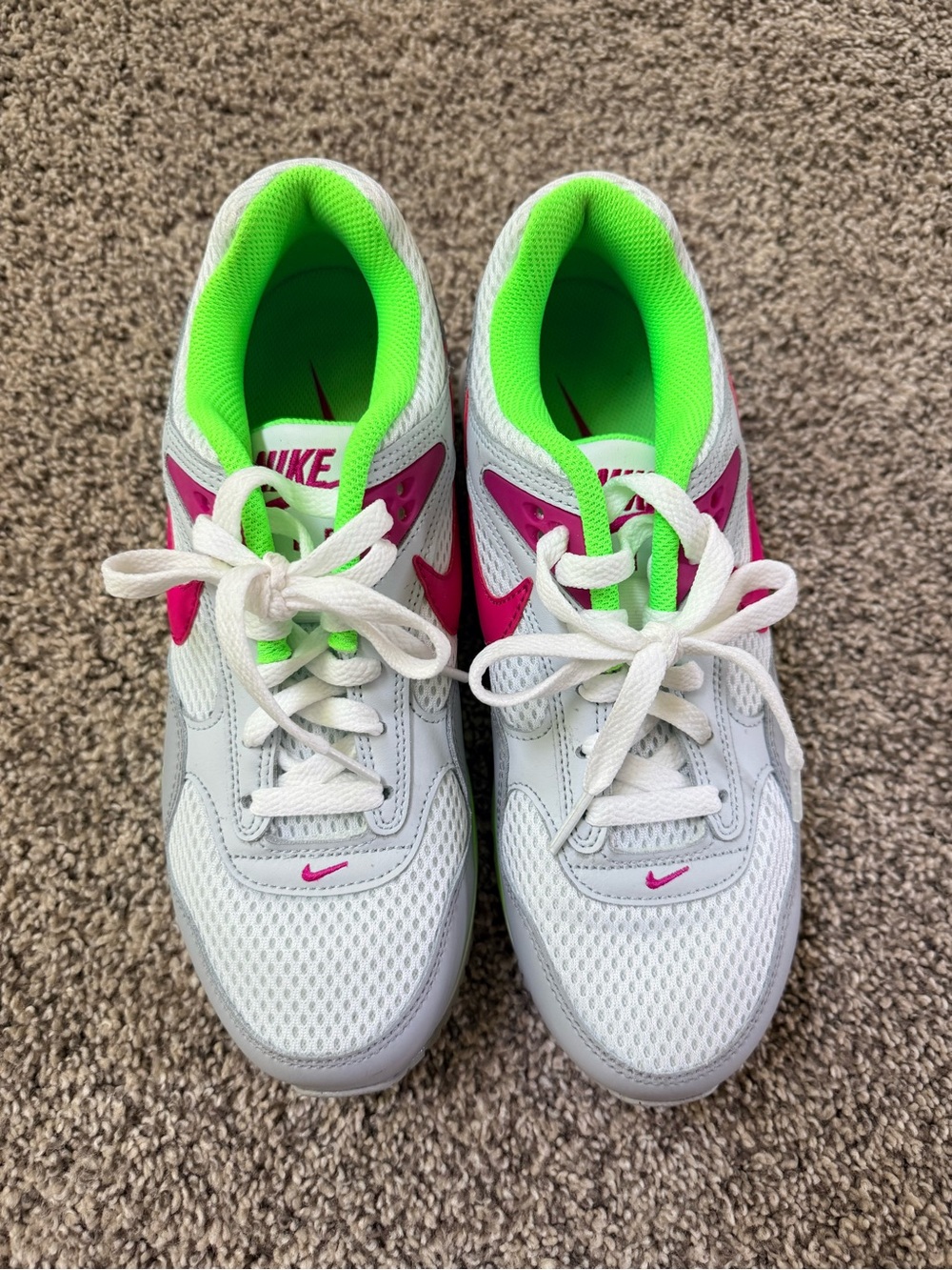 Nike Womens’ White Sneakers with Pink Swoosh and Neon Green Lining